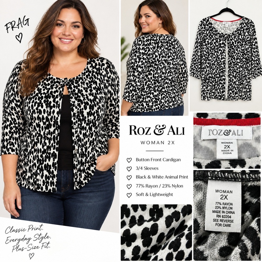 Roz & Ali Womens 2X Cardigan Black White Animal Print 3/4 Sleeve Button Front